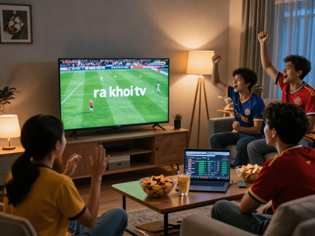 Cheering fans enjoying ra khơi tv live football broadcast in a cozy living room.